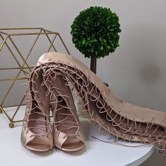 Shoes - Thigh High Faux Satin Lace-Up Boots